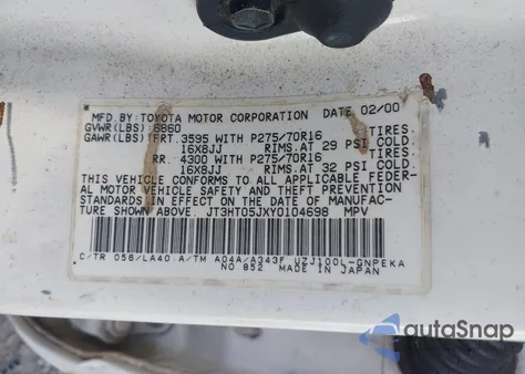 2000 Toyota Land Cruiser from USA, damaged, VIN JT3HT05JXY0104698